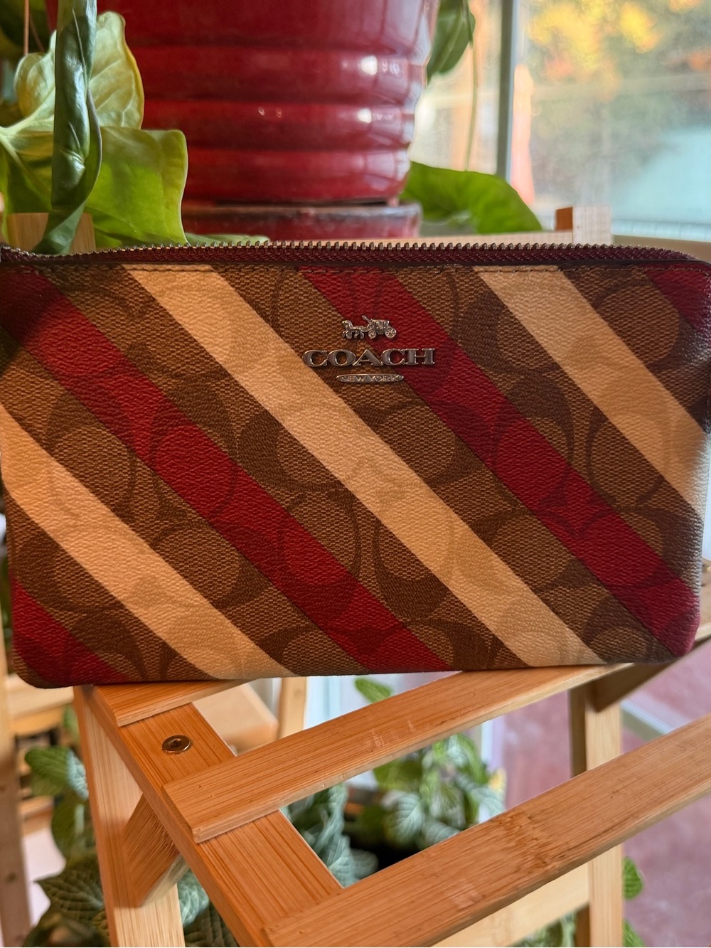 COACH Diagonal Stripe Canvas Zip Pouch in Brown & Red